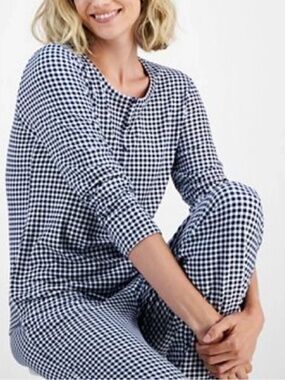 Charter Club Womens 2-Pc. Printed Long-Sle Printed Blue Gingham Check 2XL